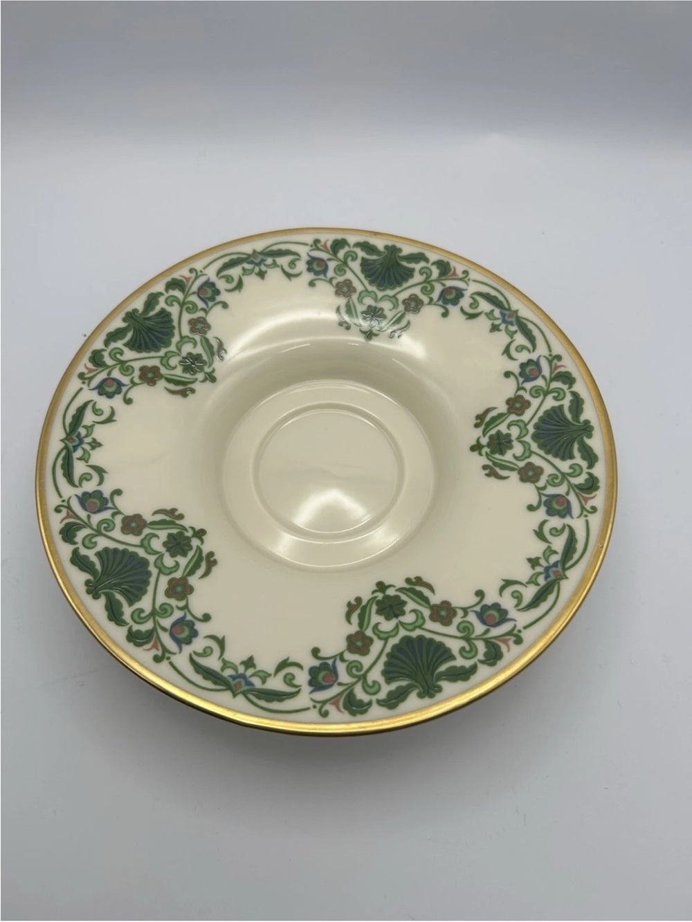 Lenox Cream Saucer with Green Scroll and Gold Rim